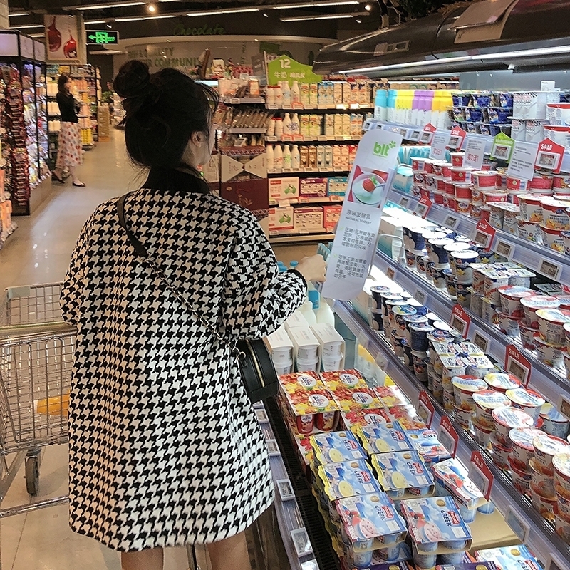 Black and white houndstooth jacket women's autumn and winter woolen jacket popular cashmere stitched ninequarter sleeves 201112