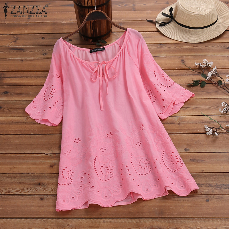 Summer Top Women Embroidery Blouse ZANZEA Fashion Tunic Hollow Casual Blusa Female Short Sleeve Shirt Plus Size Tunic S5XL T200322