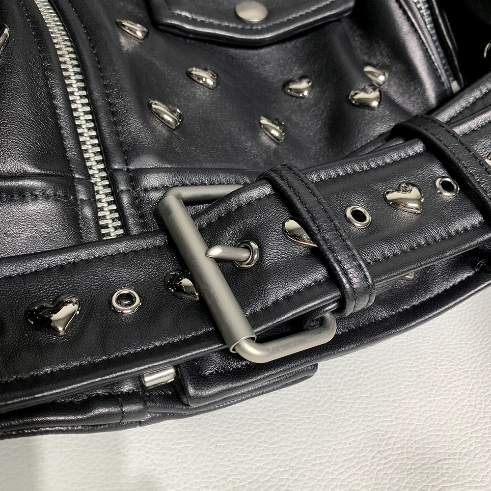 YOLOAgain women genuine leather jacket ladies high street heart rivet black real leather jacket 201030