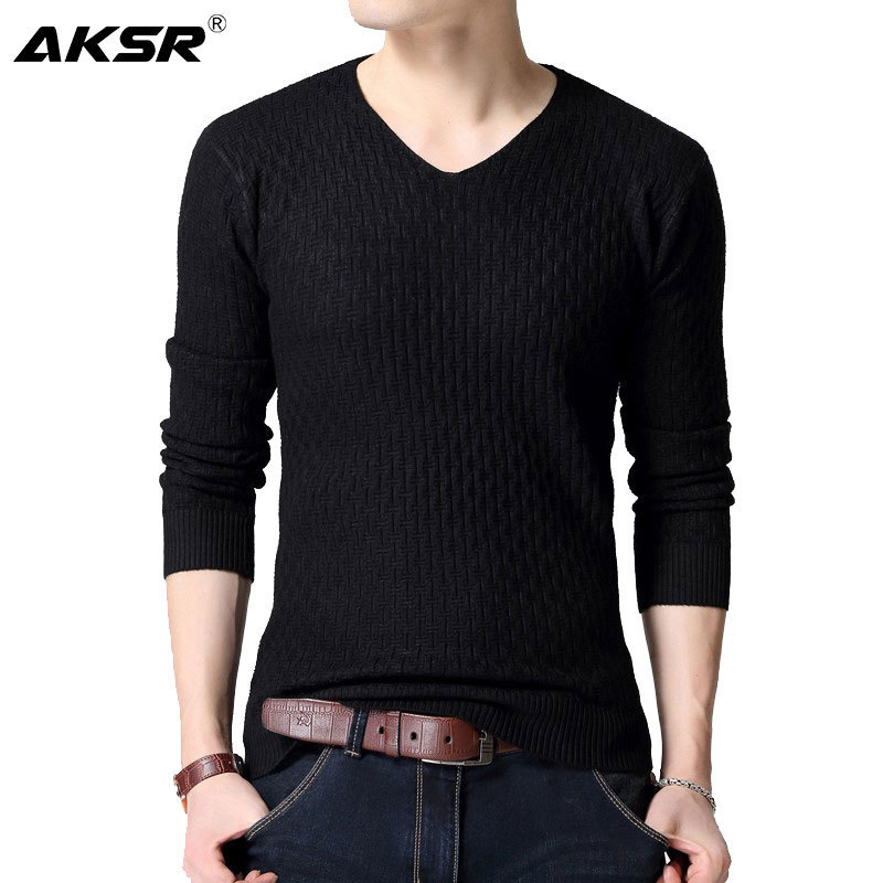 AKSR Men's Large Size V Neck Sweater Solid Color Wool Cashmere Warm Pullover Jumper Men Knitted Sweater Slim Fit Pull Homme 201026