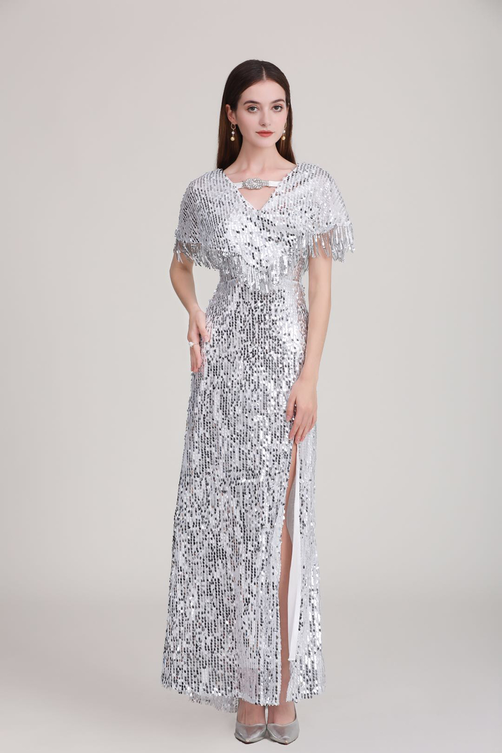 Women's Party Dress Low V Back Cape Detailing Tassels Shinning Split Elegant Long Prom Dresses