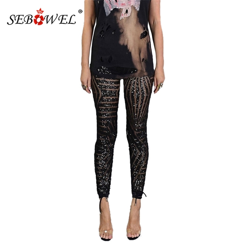 SEBOWEL Casual High Waist Sheer Mesh Sequined Pencil Pants for Woman Female Sparkling Flim Fit Black/Apricot Pants Size S-XL T200606