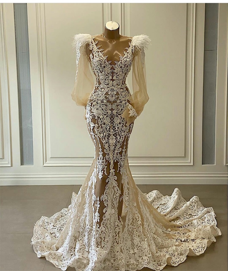 Chic Mermaid Wedding Dresses With Long Wrap Feather Beads Bridal Gowns V Neck Floral Appliques Gorgeous Dubai Custom Made Robes De Mariée
