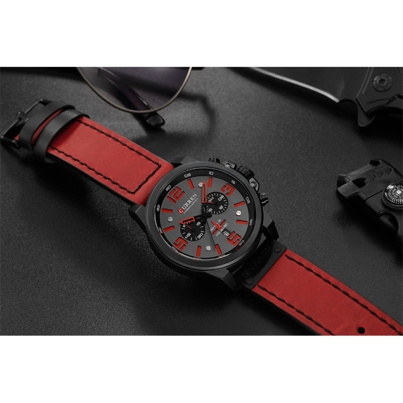 Reloj Hombre Casual Quartz Watches For Men CURREN Fashion Red Leather Sports Men Wristwatch Chronograph Male Watch LJ201119