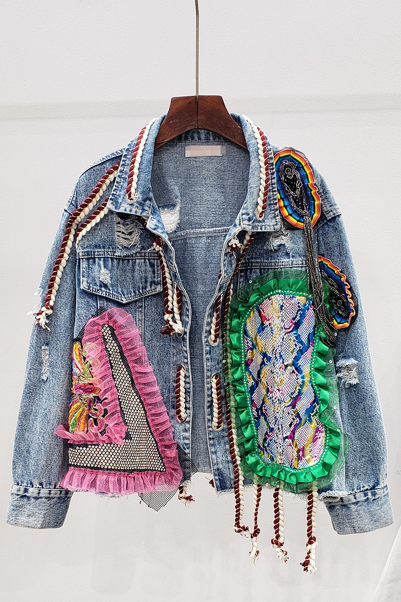 DEAT Autumn Winter Long Sleeve Turn Down Collar Vintage Holes Mesh Patchwork Blue Denim Jacket Women Coat Streetwear MJ999 201017