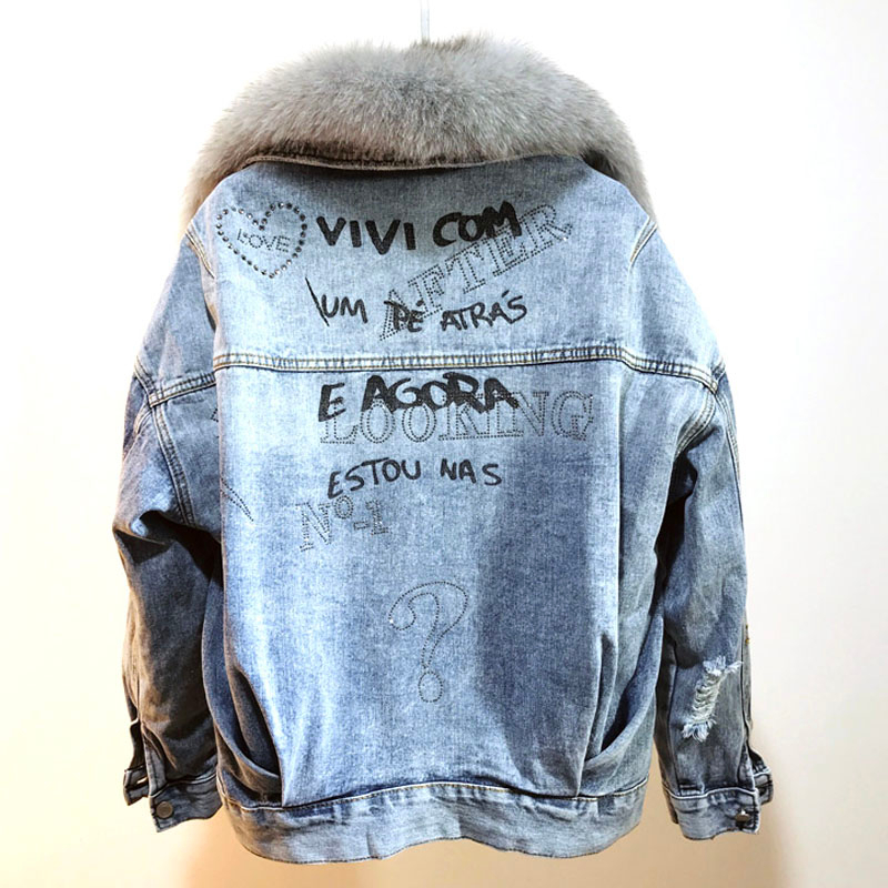 Winter New Women Warm Coat Real Fox Fur Collar Natural Rabbit Hair Liner Denim Jacket Slim Jean thick Outwear T200915