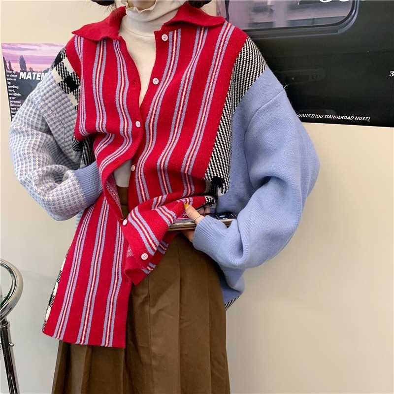 Gaganight Patchwork Knitted Women Sweater Single Breasted Vintage Cardigan Outwear Chic Spring Autumn Jumper Loose Pull Femme 201222
