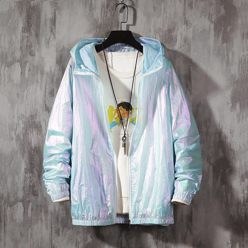 Women Basic Jackets Summer Colorful Reflective Causal Thin Windbreaker Women's Hooded Jackets Coat Zipper Woman veste femme 201017