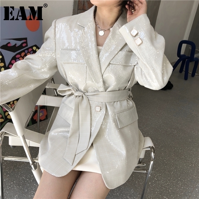 [EAM] Women Beige Sequins Big Size Blazer New Lapel Long Sleeve Loose Fit Jacket Fashion Tide Spring Autumn 1DA501 201201