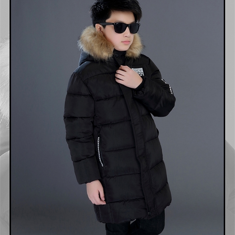 4-14y teens for boys Overcoat thick warm fur collar long boy's clothes kids hooded jacket cotton coat LJ201125