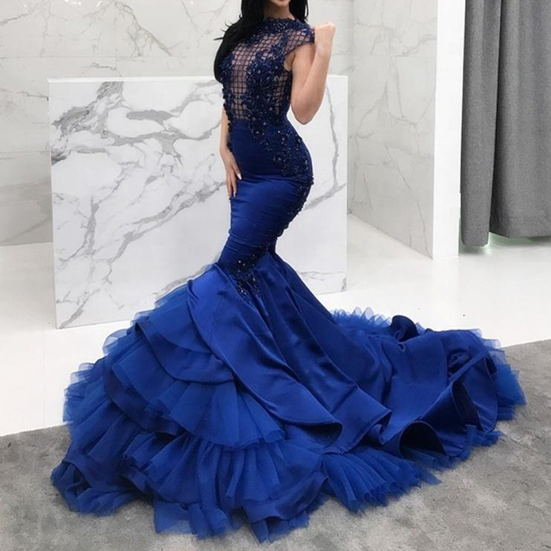 Sexy Long Mermaid Evening Dress With Beaded Floral Lace Appliques Tiered Fish Tail High Neck Royal Blue Prom Dresses 2021