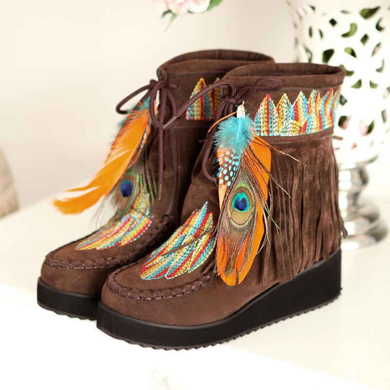 Newest Women Platform Boots Unic Lace Up Feather Lady Embroidered Shoes Ethnic Style Women Tassels Ankle Boots, Black
Newest Women Platform Boots Unic Lace Up Feather Lady Embroidered Shoes Ethnic Style Women Tassels Ankle Boots, Black