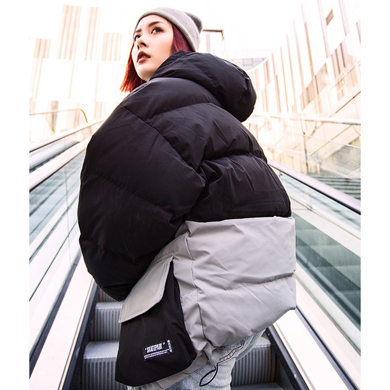 Hip Hop Multi Pockets Jacket Parka Men Color Block Patchwork Streetwear Hooded Jacket Harajuku Cotton Winter Padded Jacket Coat 201127