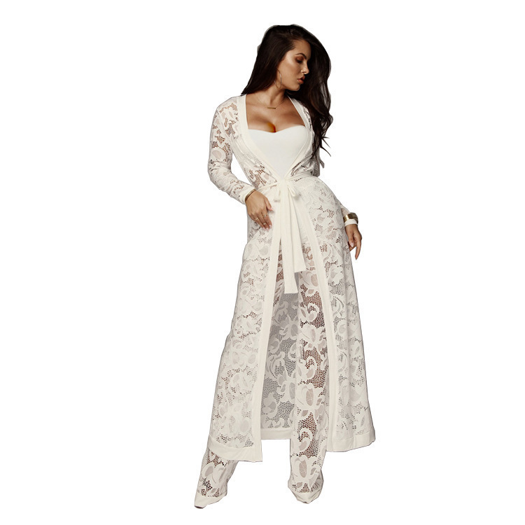 Black White Strapless Lace See Through Rompers Sexy Women Cardigan Coat +Bodysuit+Long Pant 3 Piece Jumpsuit Plus Size Overalls T200509