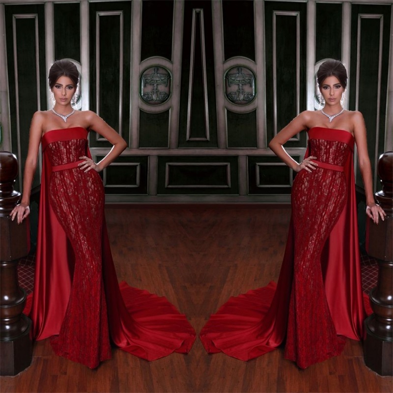 Chic Red Prom Dresses Luxury Beads Sequins Appliqued Mermaid Evening Dresses With Long Wrap Ruffles Satin Sexy Strapless Party Dress