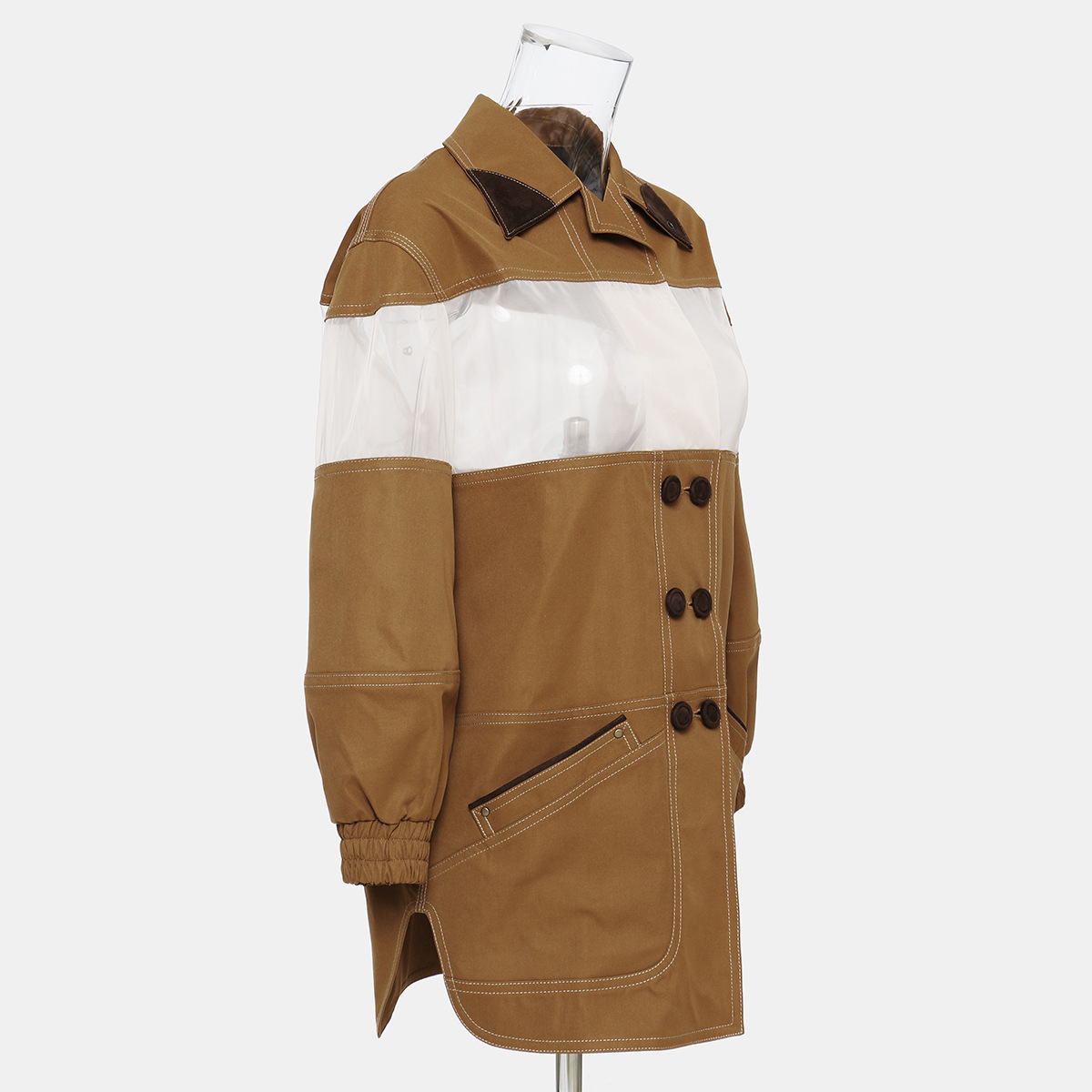 DEAT turndown collar full sleeves mesh transparent double breasted high waist kahki color jacket fashion coat WM28904L 201017
