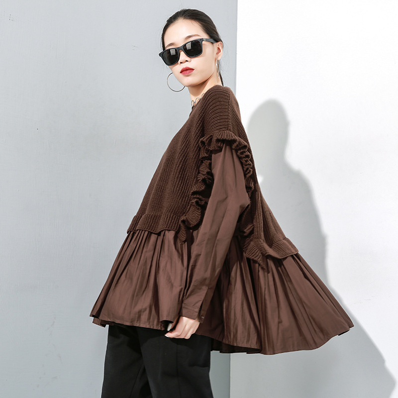 LANMREM New Stitching Sets Of Ruffled T-shirt Personality Large Size Round Neck Long-sleeved Bat Shirt Women PC056 201028