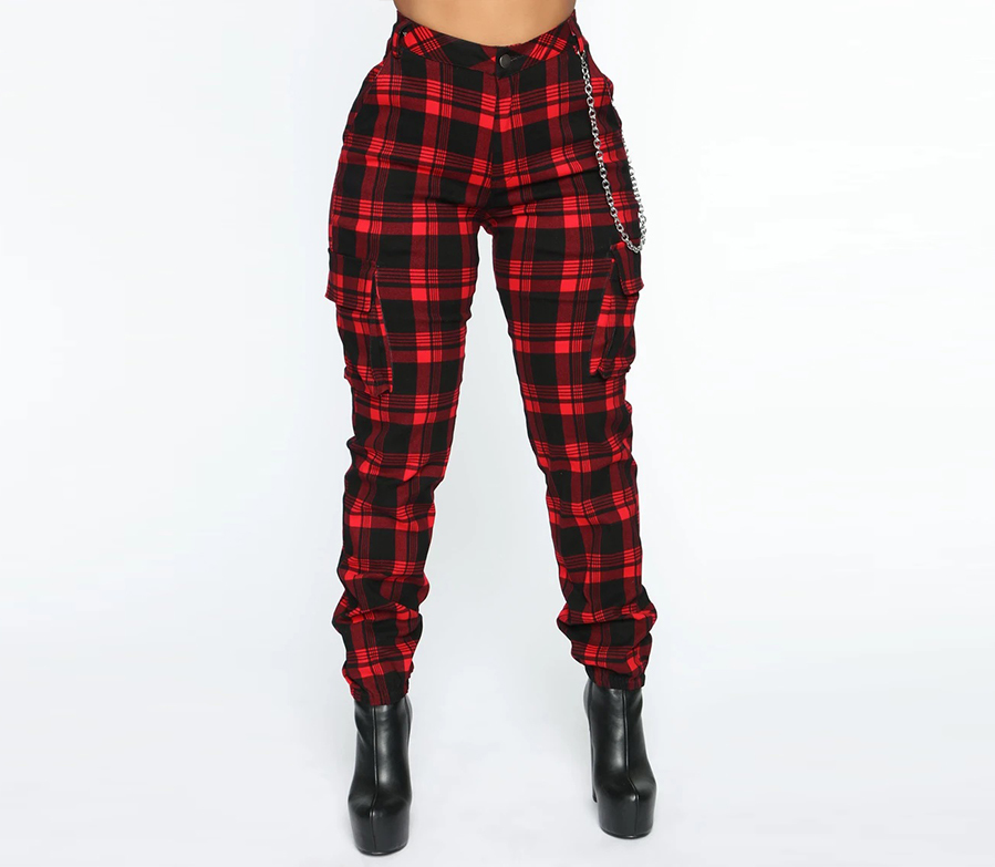 Vintage Plaid Printed Pants Women High Waist Cargo Pants Ladies Casual Pockets Trousers Female Autumn Winter Xmas Pants D30 201228