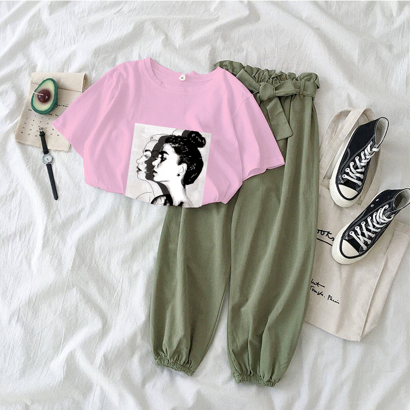 7 colors Printed girl Tshirt tops and pants two piece set women fashion outfits casual 2 Piece Suit Korean clothing summer T200603