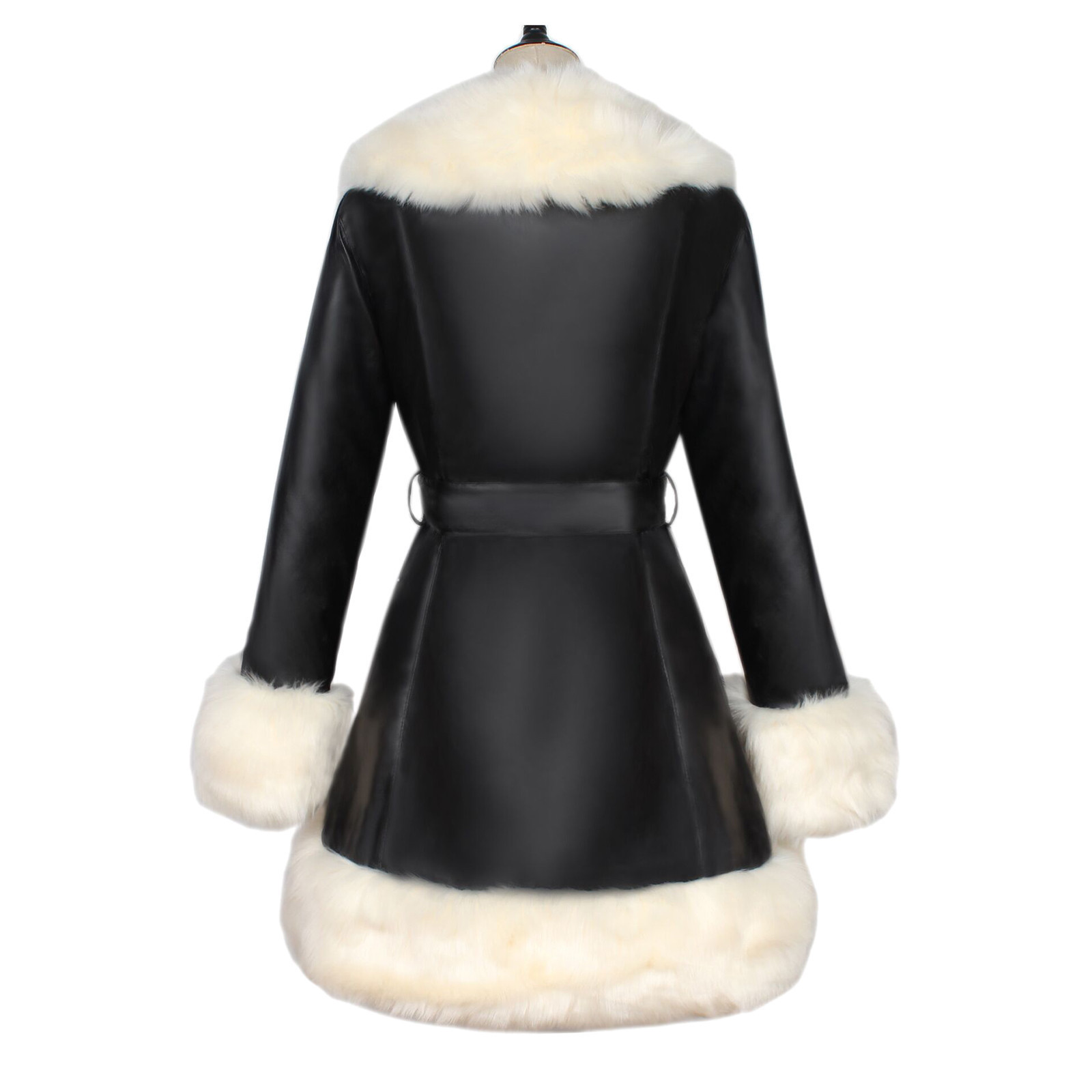 Chic Winter Fur Collar Leather Jacket Women Long Faux Leather Jacket Coat Dress Warm Outwear Abrigos Mujer 201020