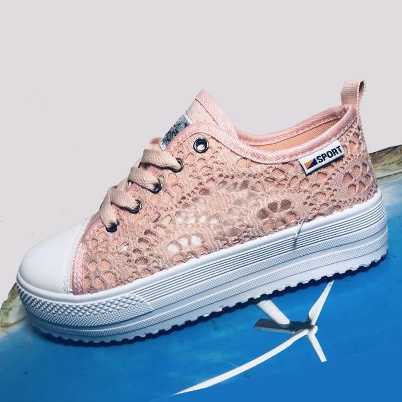 Summer Women Casual Cutouts Lace Canvas Hollow Floral Breathable Platform Flat Vulcanized Shoes Zapatos de mujer Y200801
