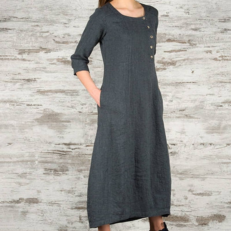 Autumn Celmia Women Maxi Dress O Neck Three Quarter Robe Dress Casual Loose Vintage Vestidos Elegant Dresses Plus Size 4XL T200416