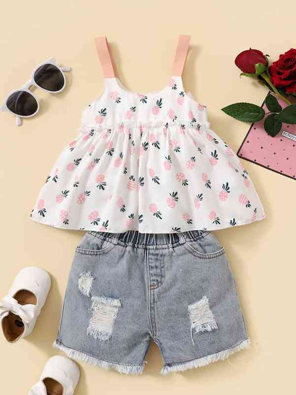 Baby Girl Cartoon Graphic Frill Trim Cami Top With Denim Shorts SHE