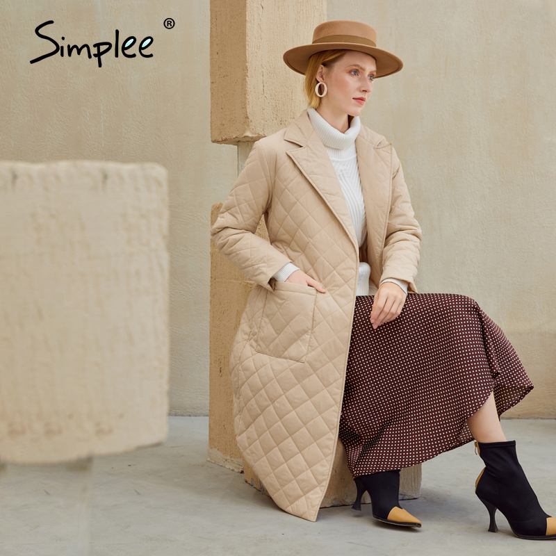 Fashion female winter windproof jacket Casual sashe winter parka Long straight coat with rhombus pattern 200928
