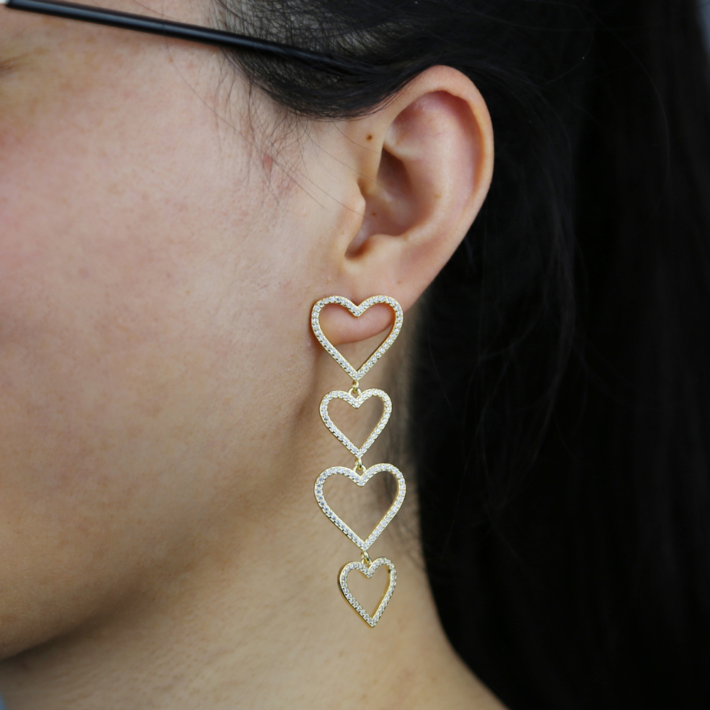 Blue Pink White 3 Colors Cubic Zirconia Hollow Heart Charm 4PCS Gold Colorful Heart Dangle Dangling Long Earring