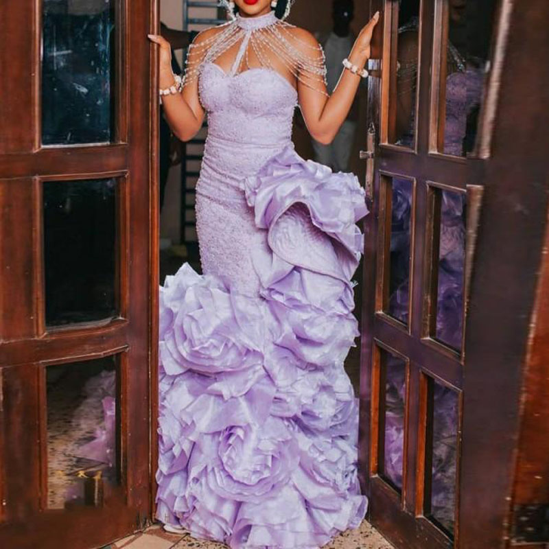 Amazing Lavender Mermaid Prom Dresses Shoulder Chain Style Aso Ebi Ruffles Plus Size Evening Formal Party Dress Gowns African