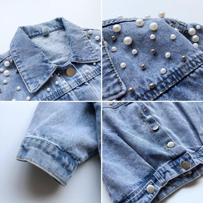 Autumn Toddler Girls Denim Jackets Korean Kids Clothes Fashion Long Sleeve Jeans Cardigan Coat with Pearls Baby Girls Jeans Coat 201106