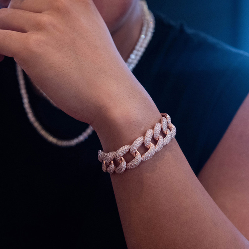 18mm Hip Hop Mens Bling Full Diamond Stone Cuba Chain Bracelet Heavy Thick Platinum Plated Bangle