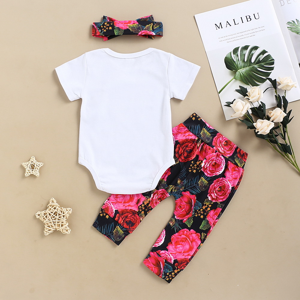 2020 Baby Summer Clothing Newborn Baby Girl Clothes Short Sleeve Romper Floral Pants Headband Cotton Outfit for 0- LJ201223
