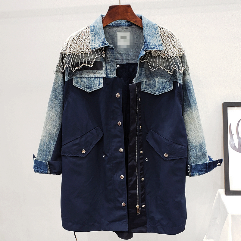 Spring European Patchowrk Industrial Shoulder Diamond Set Beads Cowboy Joint Waist Drawstring Mid-length Trench Coat 201017