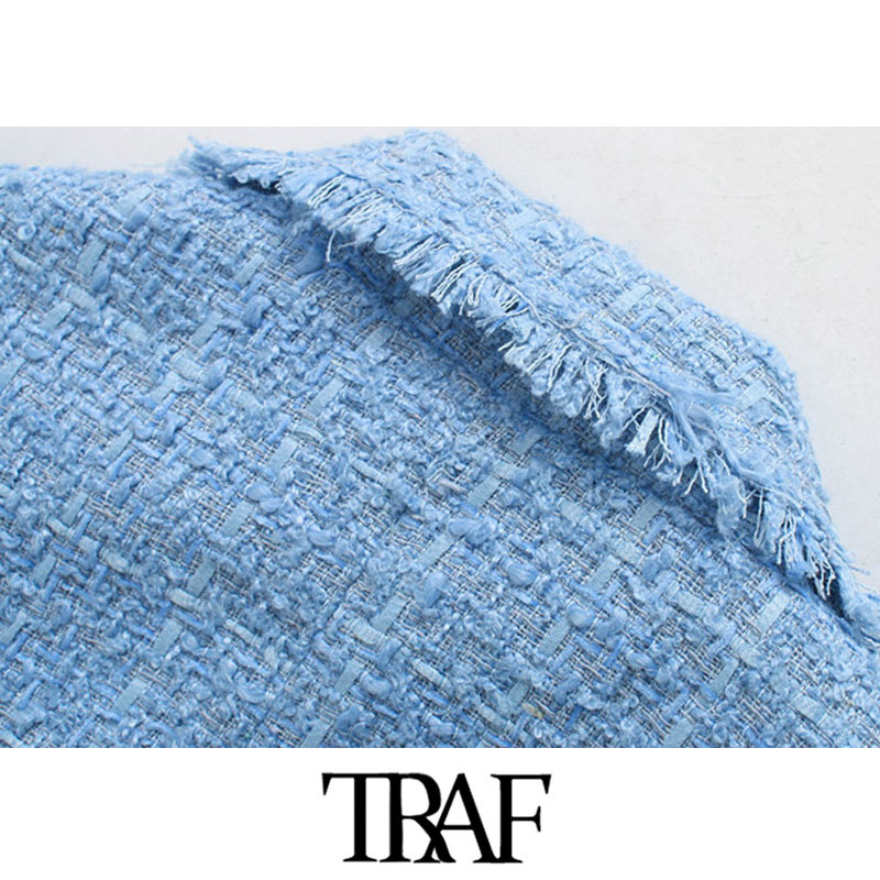 TRAF Women Fashion Office Wear Double Breasted Tweed Blazer Coat Vintage Long Sleeve Frayed Female Outerwear Chic Tops 201106