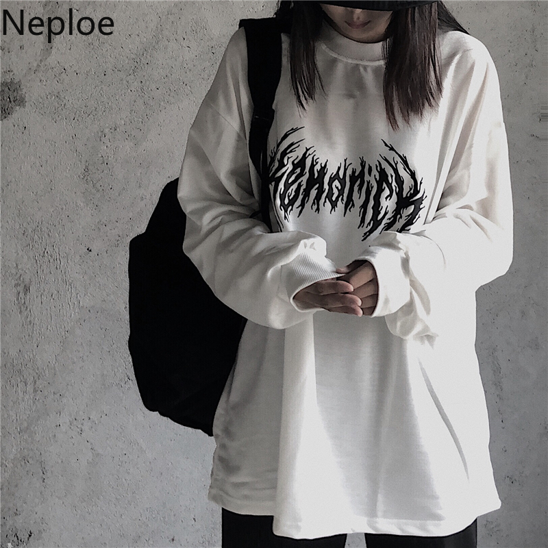 Neploe Ins Harajuku Style Streetwaer Unisex Lovers T Shirt O Neck Solid Retro Letter Tees Long Sleeve Spring Autumn New Top 201028
