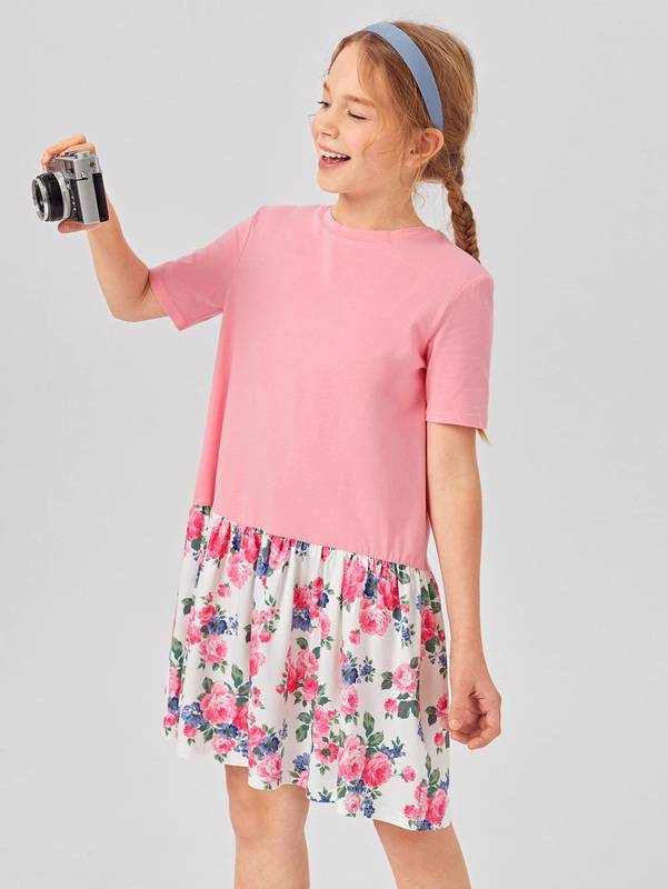 Girls Floral Ruffle Hem Smock Dress SHE