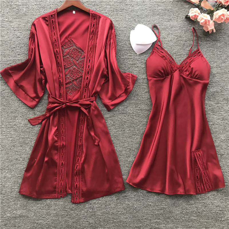 Sleep Lounge Pijamas Bathrobe Women Robe Gown Long Sleeve Ladies Nightwear Sets Sexy Lace Night Dress With Chest Pads 210203