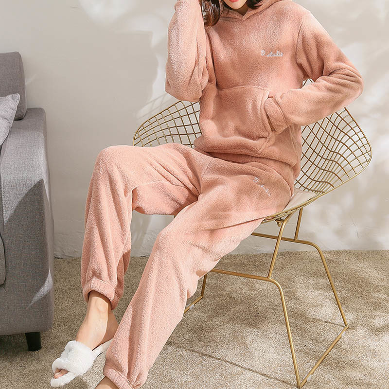 Women Pajamas Set Winter Warm Flannel Pajamas Homewear Thick Female Sleepwear Plush Pyjamas Suit Sweatshirt Hoodies Solid Color 201113