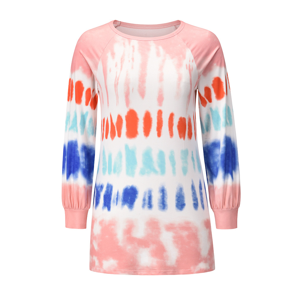 2021 autumn and winter tie-dye printed sweater European and American style contrast long-sleeved round neck T-shirt