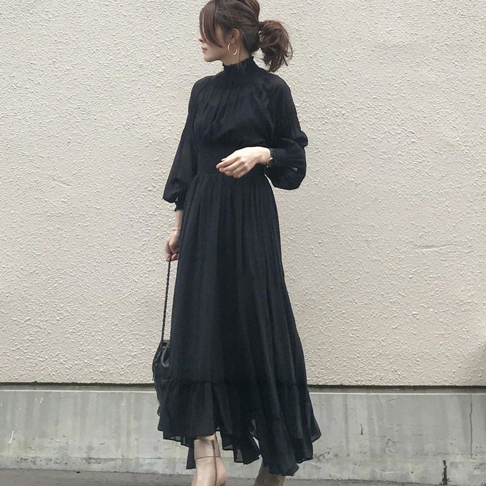 Elegant Chiffon Dress Women Autumn Korean Boho Office Ladies Plain High Waist A-Line Long Black Dresses Retro Maxi Robe Party T200604