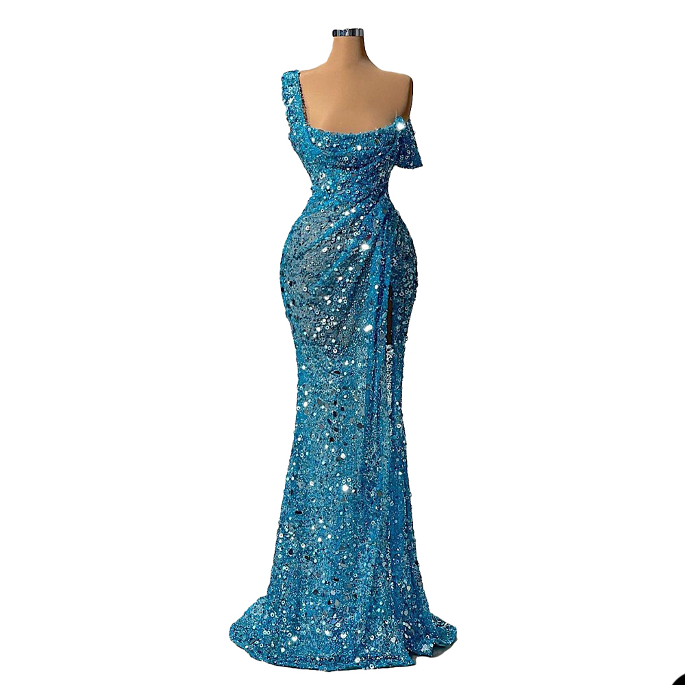 Luxury Mermaid Evening Night Evening Dresses for Women 2022 Sparkly Sequin Blue One Shoulder Short Sleeves Formal Prom Party Gowns