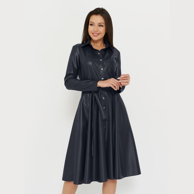 Winter Casual Sashes Pu Leather A-Line Dresses Women Turn-down Collar Long Sleeve Solid Color Knee Dress Office Lady Wear 201029