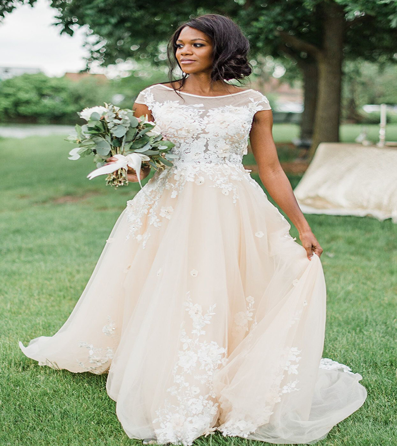Elegant Champagne Bohemian Wedding Dress Hippies 2022 Scoop Neck A Line Summer Beach Wedding Dresses With Flower Lace Sexy Tulle African Bridal Gowns 