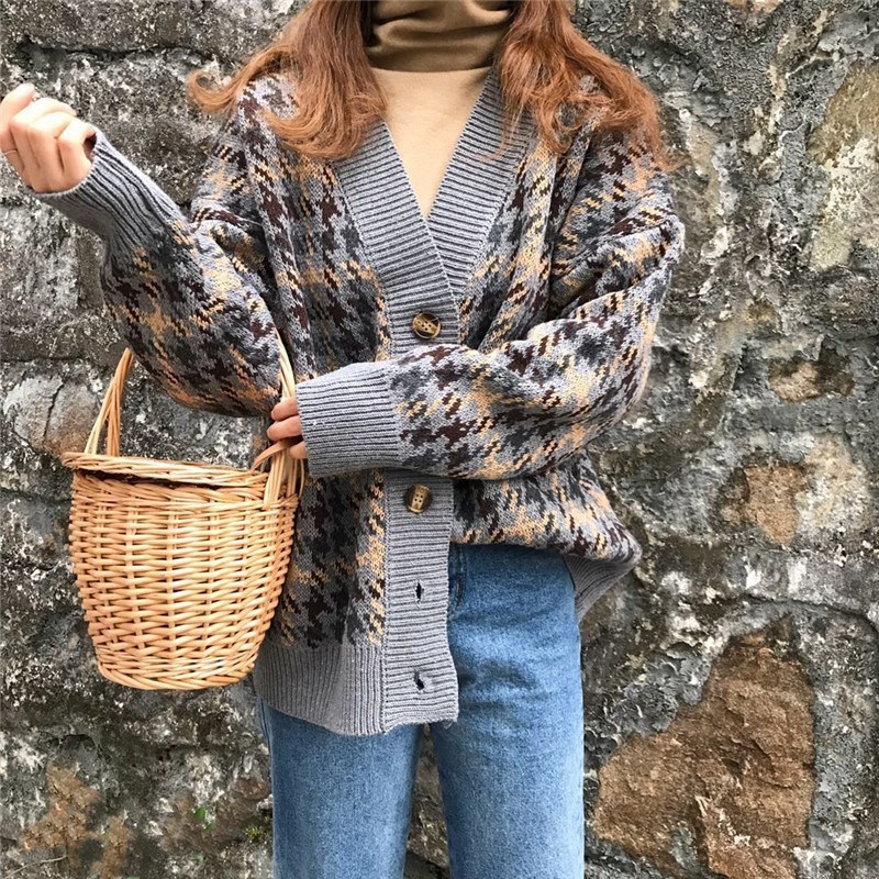 Sweater autumn plaid knitted jacket Korean cardigan women's long section loose lazy 201017