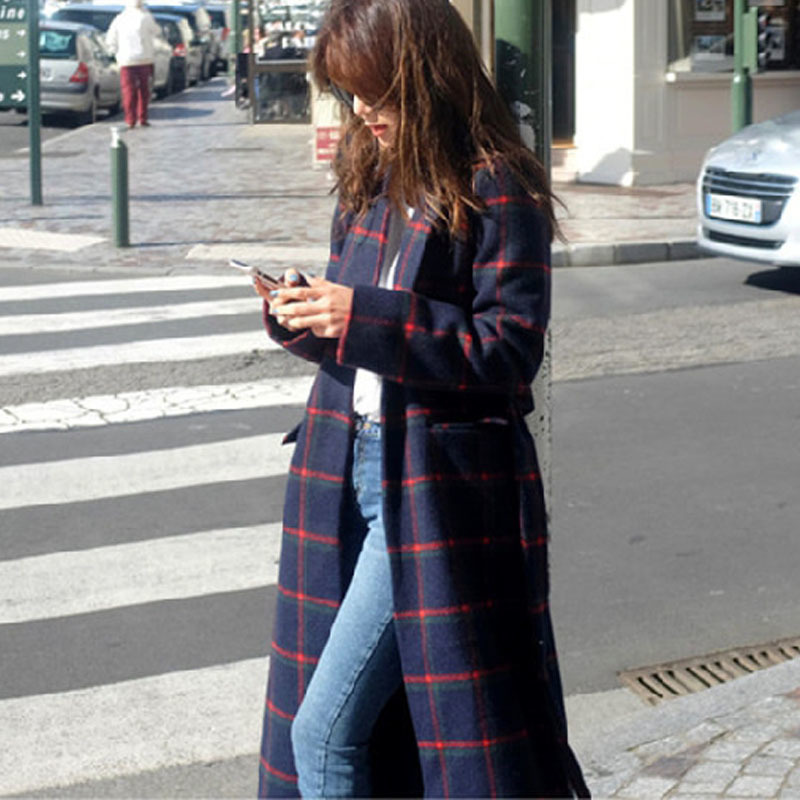 High Quality Winter Wool Blends Coat Belt Female Long Houndstooth Over The Knee Woolen Overcoat paszcz damski manteau femme 201223