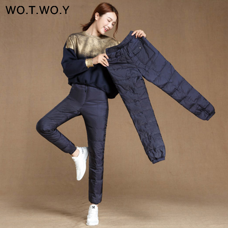 WOTWOY Casaul Winter Women Pants Pockets Plue size Basic High Waist Straight Female Down Pants Thick Trousers Women 201109