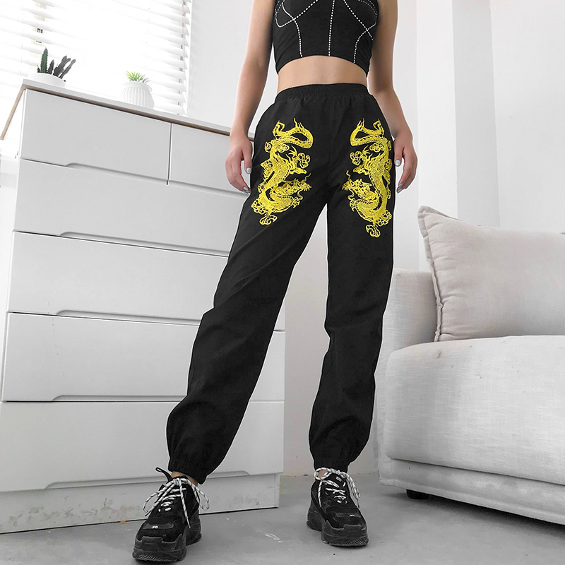 Rapwriter Fashion Dragon Print Sweatpant Summer Stretch High Waist Pencil Streetwear Cargo Jogger Pants Black 201109