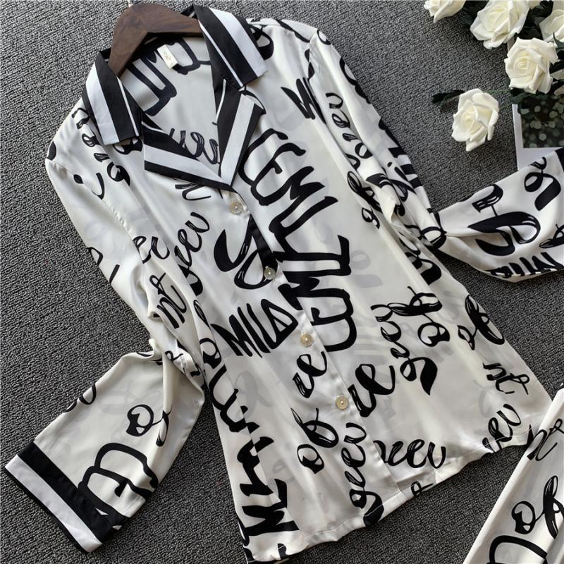 Women Satin Silk Pajamas Sets With Pants Flower Print Long Sleeve Sleepwear Lounge Sets Pijama Mujer Female Nightsuits Pyjamas 201027