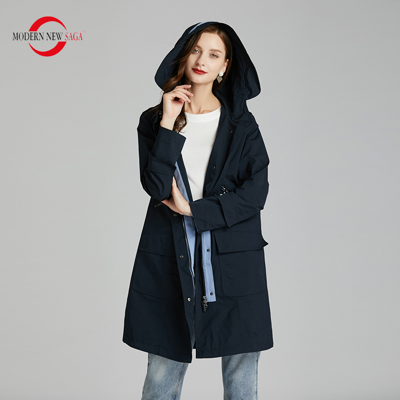 MODERN NEW SAGA Women Trench Coat Spring Fashion Long Coat Hooded Woman Coats Autumn Windbreaker Trench Femme Russian Size 201111